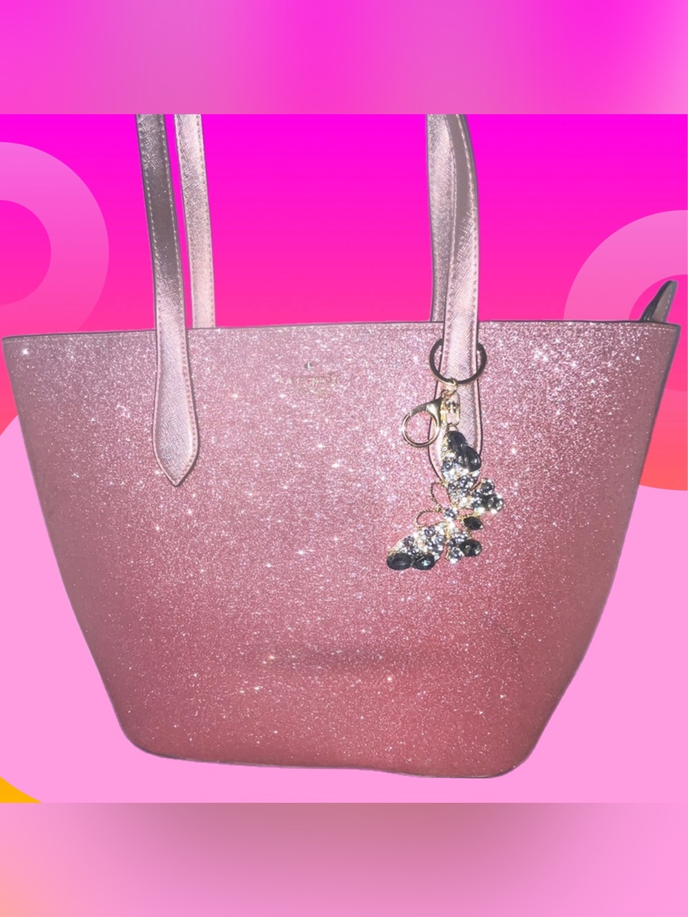Kate Spade Large Pink Glitter Glimmer Tote w. Purple Butterfly